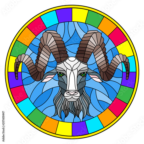 Illustration in stained glass style with ram head in round frame on white background