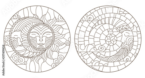 Set of outline illustrations of stained glass Windows with sun and moon on cloudy sky background, dark outlines on white background,round images