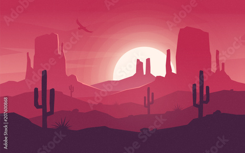 Colorful desert landscape at hot sunset. 