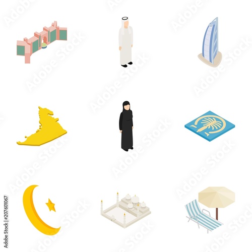UAE icons set. Isometric 3d illustration of 9 UAE vector icons for web