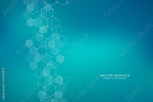 Hexagons design for medical, science and digital technology. Geometric abstract background with molecular structure and chemical compounds.