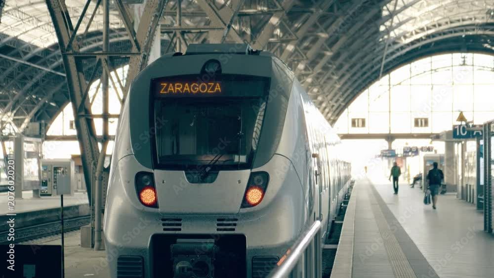 Modern train to Zaragoza. Travelling to Spain conceptual intro clip