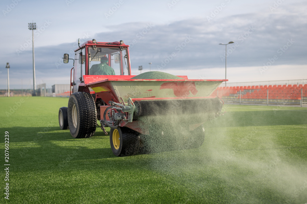 Fototapeta premium Pouring infill granules in to a football pitch with artificial grass.