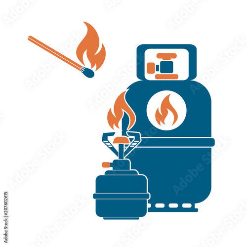 Camping stove with gas bottle icon vector