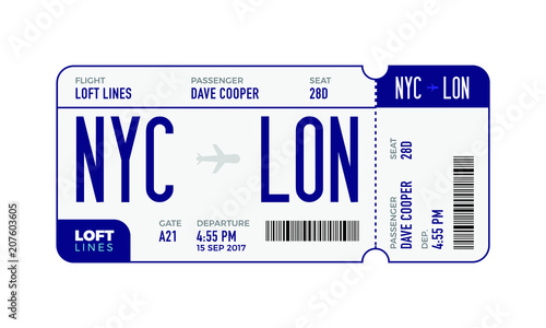Modern and realistic airline ticket design with flight time and passenger name. vector illustration