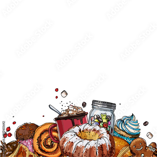 Christmas decor, plants line drawn on a white background