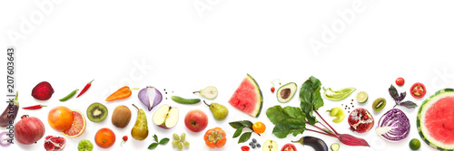 Fototapeta Naklejka Na Ścianę i Meble -  Banner from various vegetables and fruits isolated on white background, top view, creative flat layout. 