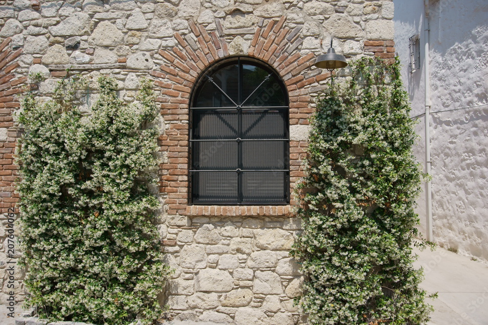 Arch shaped iron framed window of a stone brick house