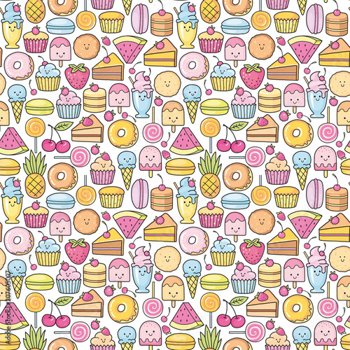 Seamless background of sweet and dessert doodle  cake  sweet donat  cookies and macaron