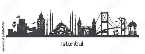 Vector horizontal illustration Istanbul. Black silhouette of famous turkish symbols and landmarks. Hand drawn elements of tower, bridge, tram, mosque in Turkey. Panoramic banner or print design. 