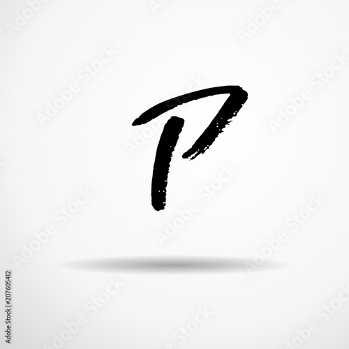 Letter P. Handwritten by dry brush. Rough strokes textured font. Vector illustration. Grunge style alphabet.