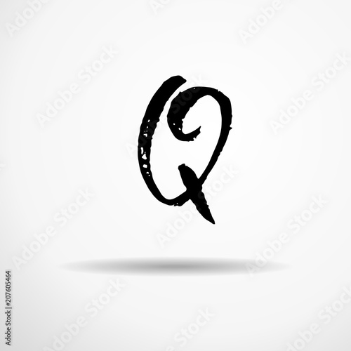 Letter Q. Handwritten by dry brush. Rough strokes textured font. Vector illustration. Grunge style alphabet.