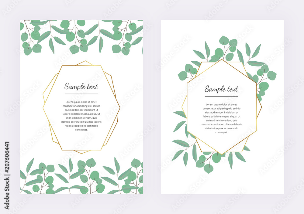 Wedding invitation, polygonal geometric frame, golden lines with leaves eucalyptus on the marble texture. Botanical design template for save the date, banner, poster, card, placard, flyer, invite
