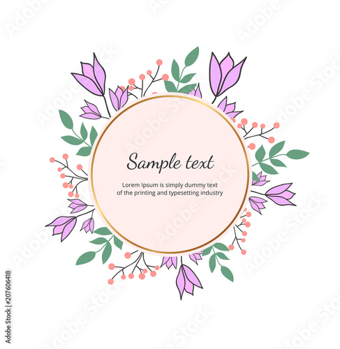 Floral wreath with green leaves, bluebell. Vector hand draw illustration. Round frame with wildflowers. Design for invitation, wedding, placard, birthday, save the date, banner, cover, layout, flyer