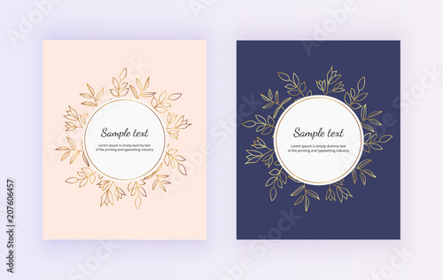 Hand drawn wedding invitation card. Golden lines contour flowers and leaves on the pink and dark blue background. Botanical design templates for save the date  banner  flyer  invite  poster  layout