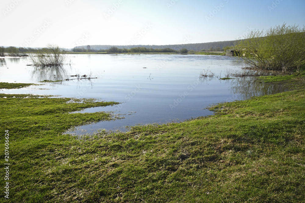 Landscape: calm river in early spring, high water