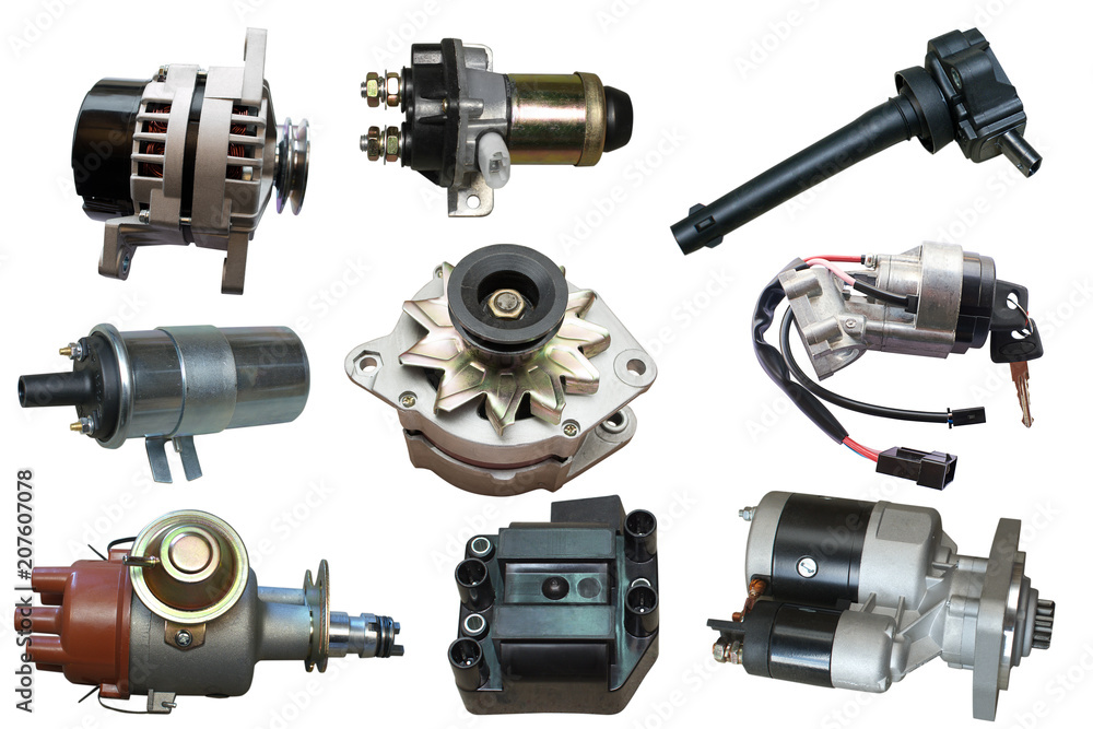Electrical equipment of the car.Set of auto parts isolated on white background Electrical equipment of the car.Set of auto parts isolated on white background
