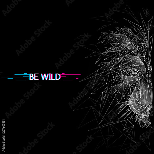 Abstract mash line and point. Vector image of lion origami on black background with an inscription. Lion's head Low poly wire frame illustration with distruction effect. Wild animal illustration.