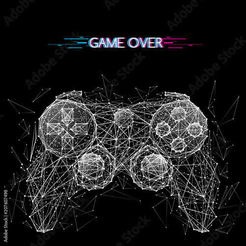 Abstract mash line and point image of joystick for video games. Vector illustration origami on black background with an inscription. Computer games concept with distruction effect. Polygonal art. photo