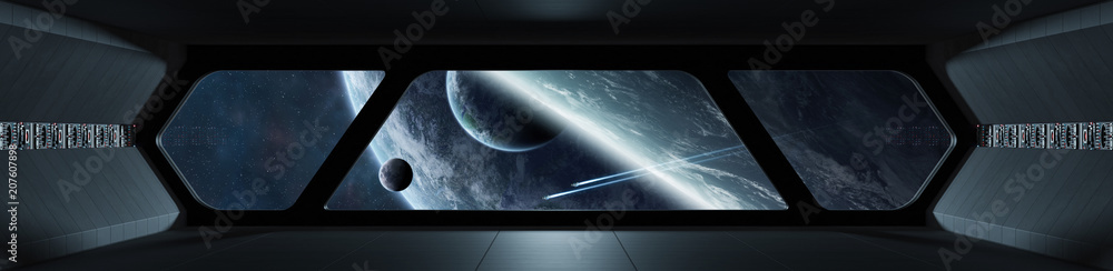 Fototapeta premium Spaceship futuristic interior with view on exoplanet