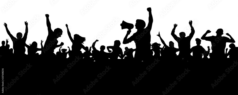 Crowd of people silhouette vector. Speaker, loudspeaker, orator, spokesman. Applause of a cheerful people mob. Sports fans. Demonstration, protest Crowd of people silhouette vector. Speaker, loudspeaker, orator, spokesman. Applause of a cheerful people mob. Sports fans. Demonstration, protest