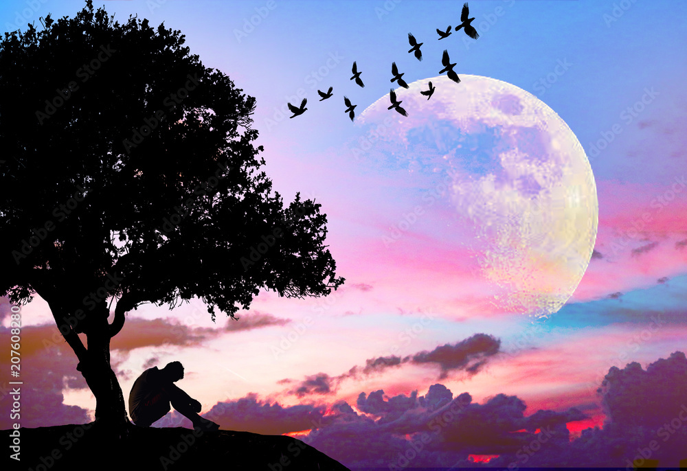 Lonely man  sitting under big tree with flying birds. He is unhappy and sad. He is watching the moon on sky .Photo concept for Silhouetted and depression. Elements of this image furnished by NASA.