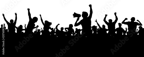 Crowd of people silhouette vector. Speaker, loudspeaker, orator, spokesman. Applause of a cheerful people mob. Sports fans. Demonstration, protest