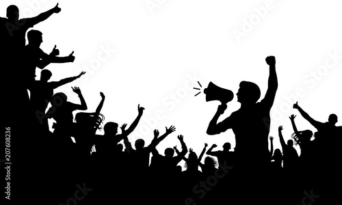 Crowd of people silhouette vector. Speaker, loudspeaker, orator, spokesman. Applause of a cheerful people mob