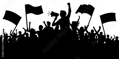 Crowd of people with flags, banners. Sports, mob, fans. Demonstration, manifestation, protest, strike, revolution, speaker, horn. Silhouette background vector