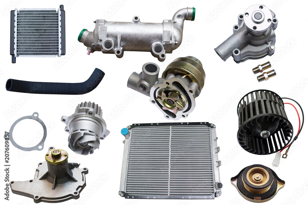 cooling system of the car.Set of auto parts isolated on white
