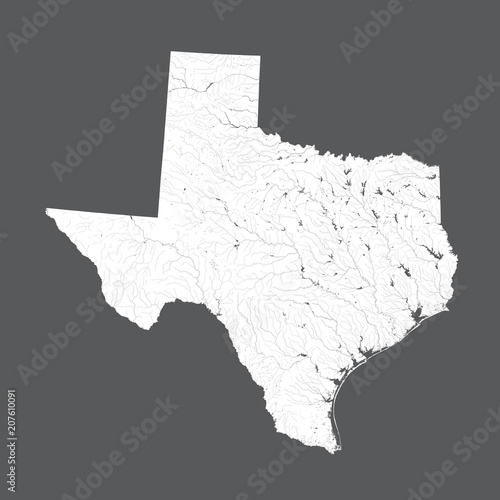 U.S. states - map of Texas. Rivers and lakes are shown. Please look at my other images of cartographic series - they are all very detailed and carefully drawn by hand WITH RIVERS AND LAKES.