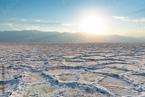 Desert landscape of Salt flats in the Badwater Basin at summer hot evening  Death Valley National Park  California  USA.