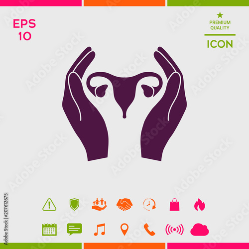 Hands holding Female uterus - protection icon