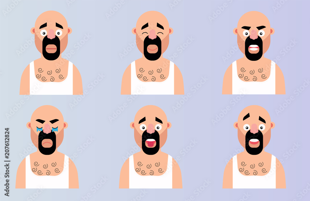 Set face emotion cartoon man character. Flat vector illustration bearded head with different expressions emoji design Set face emotion cartoon man character. Flat vector illustration bearded head with different expressions emoji design