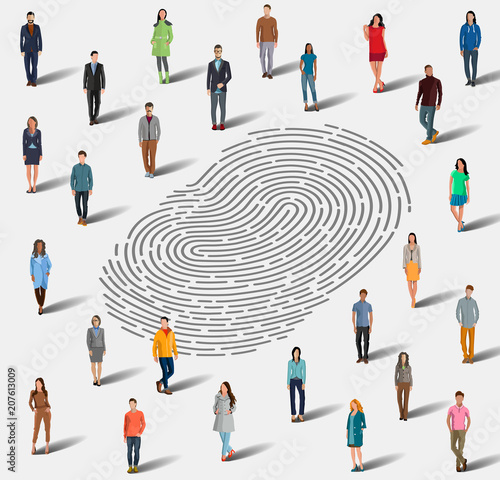 Identification by fingerprint. The search for a person by fingerprint. Identification among a large group of people by fingerprints. Flat style. Flat design. Vector illustration Eps10 file