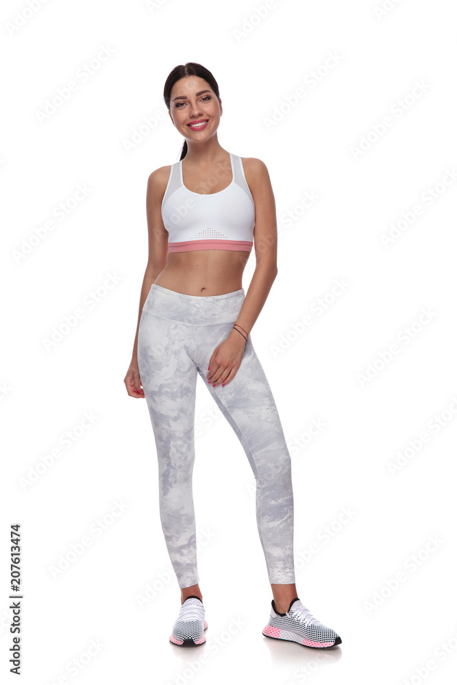 happy beautiful woman standing is ready for gym happy beautiful woman standing is ready for gym