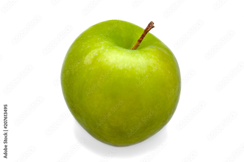 A large green fresh, bright green apple close-up on a white background. Isolated.