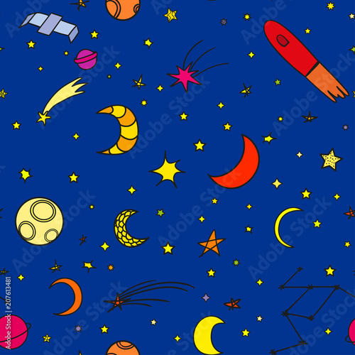 Cosmos elements on dark background. Seamless texture. Hand drawn cosmic symbols. Line art. Different signs. Abstract space illustration for design. Art creation