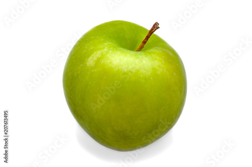 A large green fresh, bright green apple close-up on a white background. Isolated.