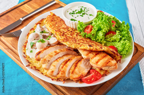 rosti with grilled chicken, mushrooms and salad