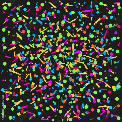 Confetti on isolated black background. Geometrical pattern with glitters. Texture for design. Print for banners, posters, flyers and textiles. Greeting cards