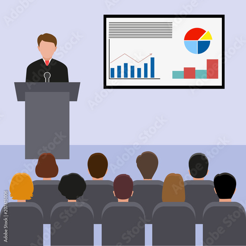 Business seminar speaker sales and e-commerce. illustration of presentation conference and motivation for business audience