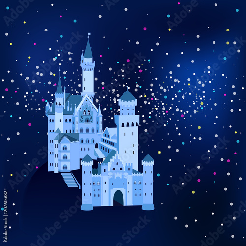 vector illustration, Neuschwanstein Castle in Germany at night