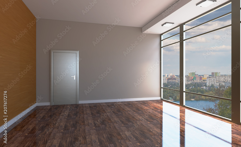 Front view of an office interior with a row of dark wood tables. 3D rendering. Front view of an office interior with a row of dark wood tables. 3D rendering.