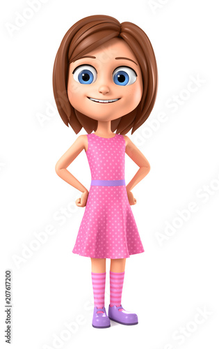 Hands in the sides. Girl in pink dress on a white background. 3d render illustration.