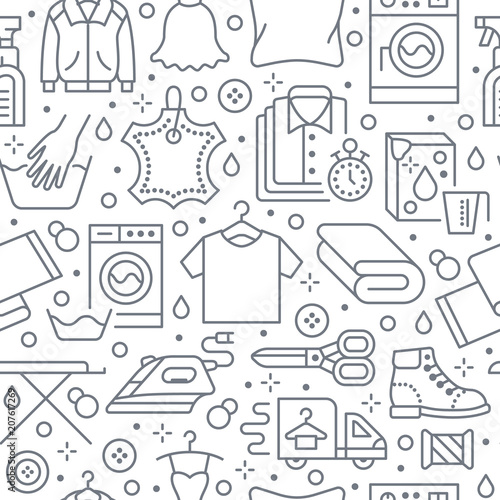 Dry cleaning, laundry seamless pattern with line icons. Laundromat service equipment, washing machine, clothing shoe and leaher repair, garment ironing and steaming. Background for launderette.