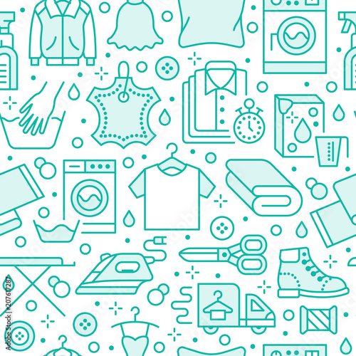 Dry cleaning, laundry blue seamless pattern with line icons. Laundromat service equipment, washing machine, clothing shoe and leaher repair, garment ironing and steaming. Background for launderette.