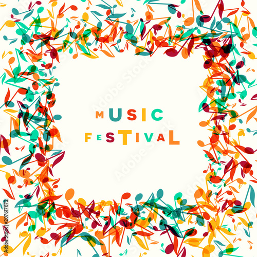 Colorful Music Festival notes background. Random colored musical festival poster design template. Vector Illustration