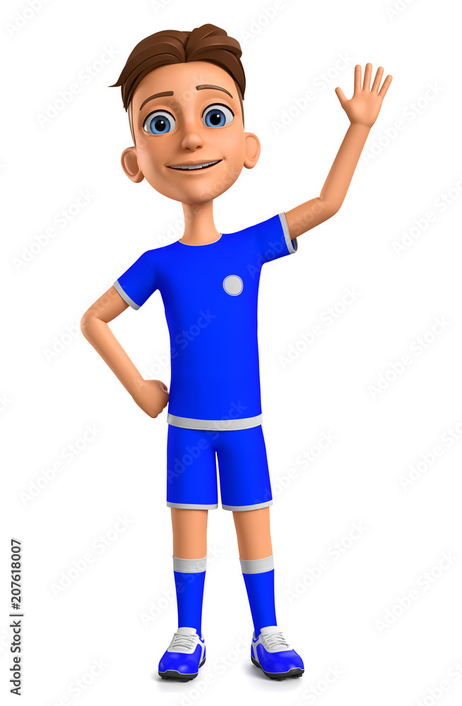 Sport. Guy in a blue uniform is standing with his hand up on a white background. 3d rendering illustration. Sport. Guy in a blue uniform is standing with his hand up on a white background. 3d rendering illustration.