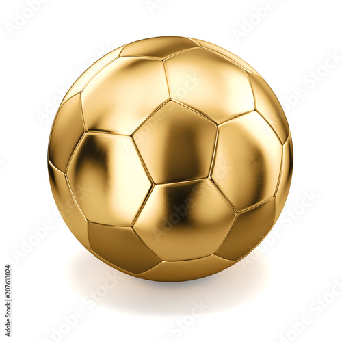 Golden soccer ball on white background. 3d render illustration.